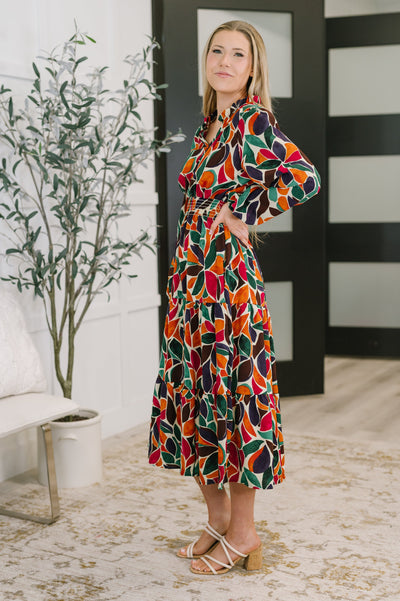 Leafing it All Behind Long Sleeve Tiered Dress