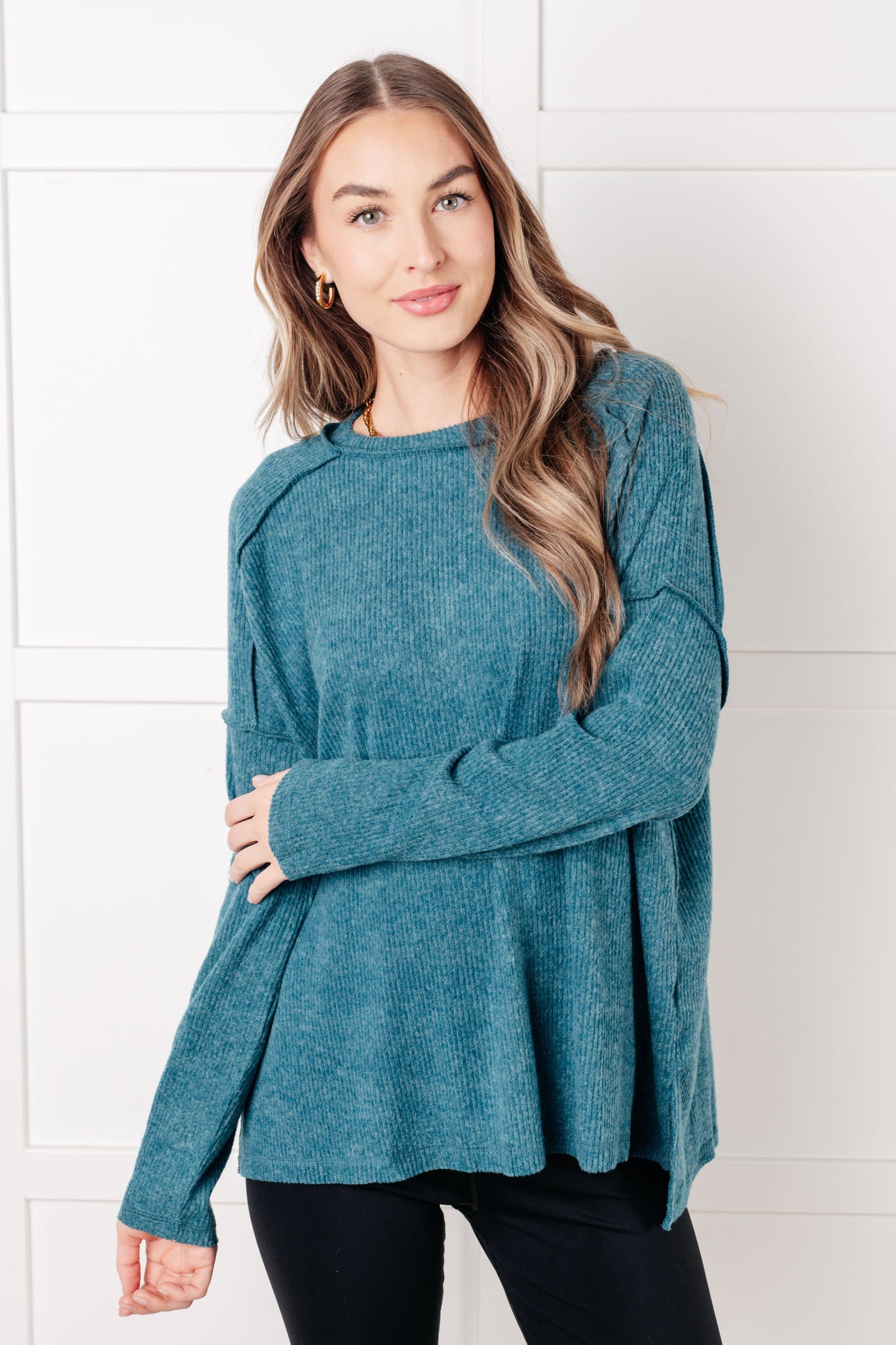 Simply Basic Ribbed Hacci Sweater in Teal