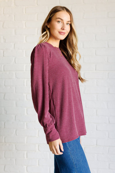 When the Sun Goes Down Mineral Wash Ribbed Knit Top in Wine